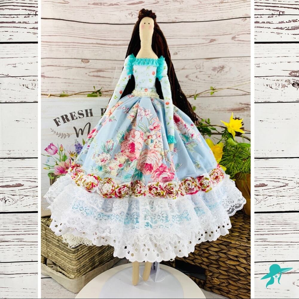 Tilda Doll blue pink rose layered skirt long hair
